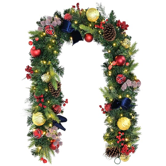 Puleo International 6ft. Pre-Lit Pine with Ornaments & Pinecones Artificial Christmas Garland